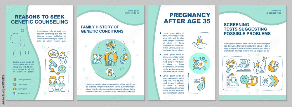 Reasons to seek genetic counseling brochure template. Medical help. Flyer, booklet, leaflet print, cover design with linear icons. Vector layouts for presentation, annual reports, advertisement pages
