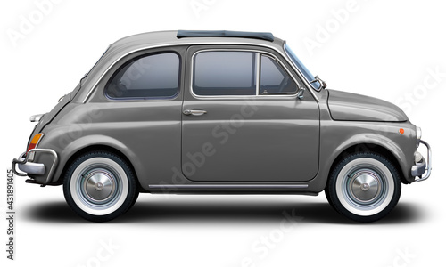 Small retro car of gray color, side view isolated on a white background.