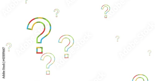 Illustration of multiple question marks with blue, green and yellow outline on white background