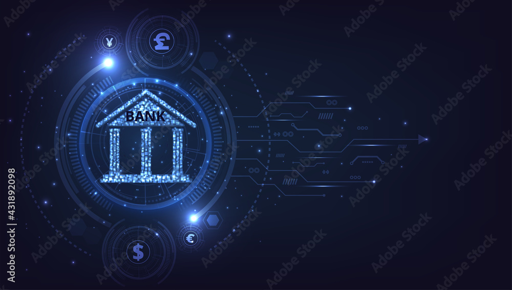 Online banking and money transaction concept.Foreign exchange Bank icon and Capital flow on dark blue technology background.