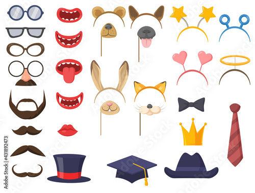 Set of party accessories for photobooth. Cartoon vector illustration. Funny carnival masks, ears, mouths, eyeglasses and headbands templates. Birthday party, photo accessories, animal costume concept