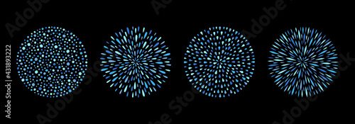 Round backgrounds set, patterns collection. Circle shape made of drops, droplets, uneven dots, paint splashes, specks, tiny spots, water blobs. Radial templates for borders, frames, design elements. 