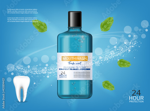 Mouthwash oral care fresh mint Vector realistic. Product placement mock ups