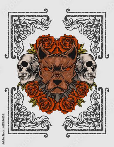 illustration vector dog head with skull and rose flower