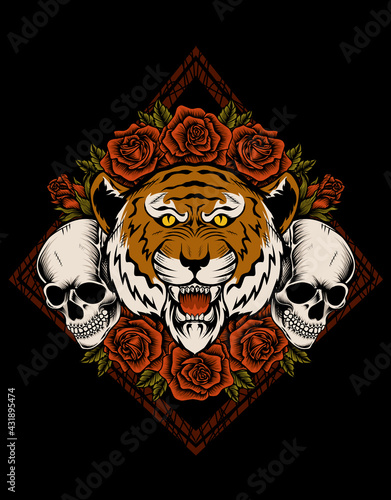 illustration vector vintage tiger head with skull and rose flower