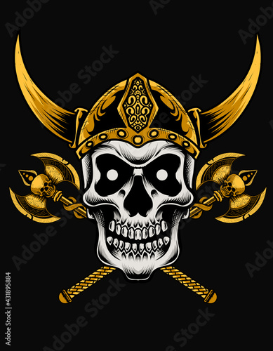 illustration vector viking skull head with ax weapon