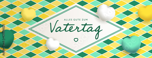 Alles Gute Zum Vatertag sous forme de carte ou bannière, poster ou flyer, avec des losanges et coeurs jaunes, vert et blancs
