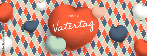 Frohen Vatertag sous forme de carte ou bannière, poster ou flyer, avec des losanges et coeurs rouges, roses, verts, bleus et blancs