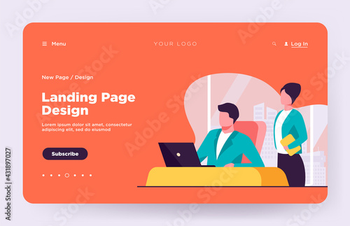 Boss instructing assistant. Office workers sitting and standing at laptop flat vector illustration. Workplace, corporate communication concept for banner, website design or landing web page