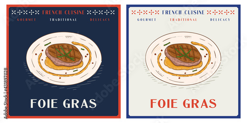 Foie gras is french traditional food made of liver of a duck or goose. Vintage illustration for restaurant menu
