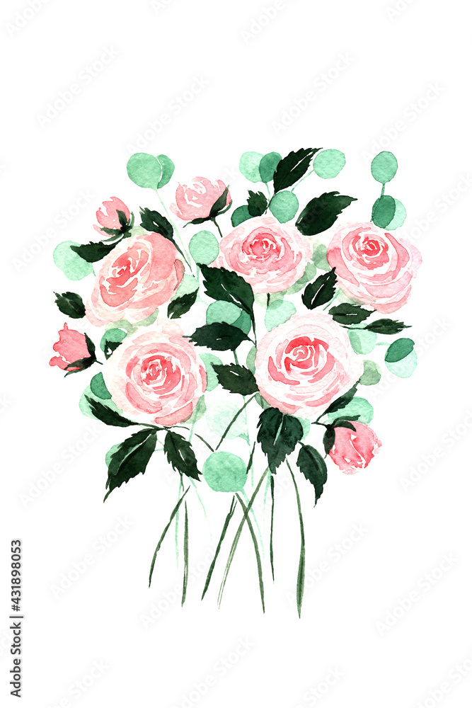 bouquet of light pink roses painted in watercolor