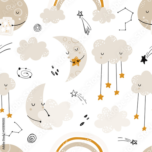 Seamless childrens hand-drawn pattern with cute moons, clouds and rainbows. Creative kids texture for fabric, wrapping, textile, wallpaper, apparel. Vector illustration. Good night.