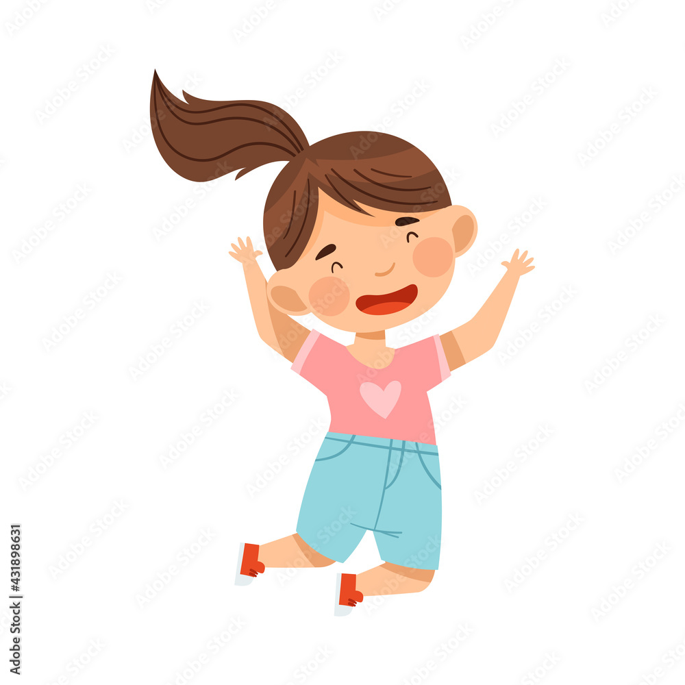 Cheerful Girl with Ponytail Jumping with Joy and Excitement Vector Illustration