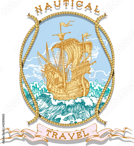 vector image of the emblem of sea voyages, regattas, cruises in the style of retro graphic line art	