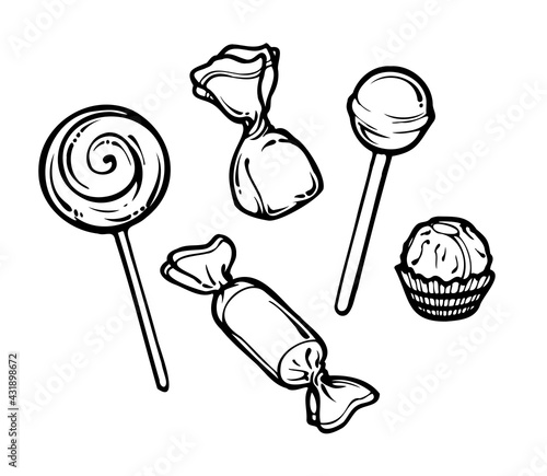candy hand drawn black and white set. cartoon vector illustration can use for design