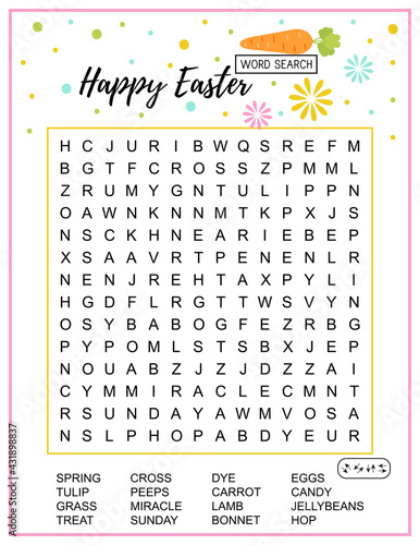 Happy Easter word search puzzle. Educational game for kids. Holiday crossword. Party card.  
Festive colorful page worksheet for learning English words. Vector illustration