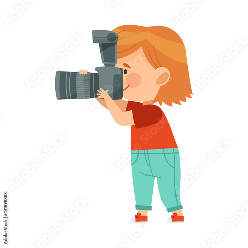 Pretty Girl Holding Digital Camera Taking Photograph Vector Illustration