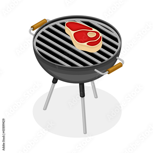 Barbecue Grill with Beef Steak Roasting on It as Picnic Isometric Vector Illustration