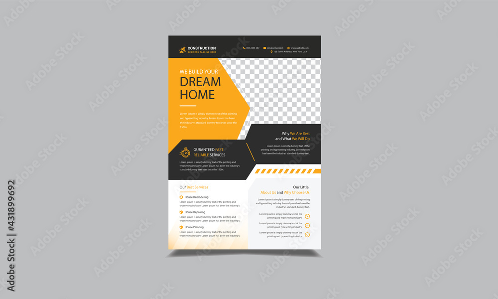 Construction Modern Flyer Layout creative design. Template design elements construction company. a4 flyer template design Construction Modern Flyer Layout creative design. Template design elements construction company. a4 flyer template design