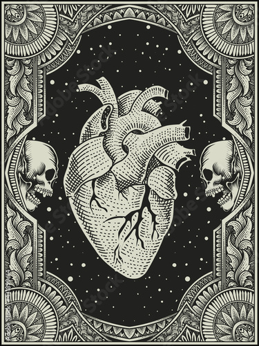 illustration vector antique human heart with engraving ornament