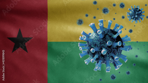 3D, Flu coronavirus floating over Bissau Guinean flag. Guinea Bisau Covid 19 photo