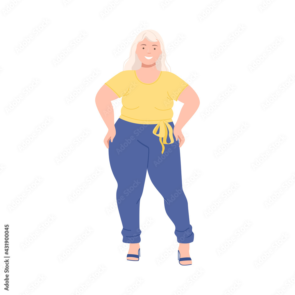 Blond Woman Character with Corpulent Body on High Heels in Standing Pose Full Length Vector Illustration Blond Woman Character with Corpulent Body on High Heels in Standing Pose Full Length Vector Illustration