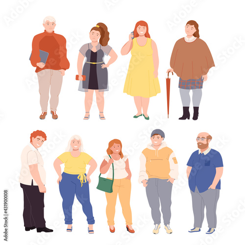 People Characters with Corpulent Body in Standing Pose Vector Illustration Set