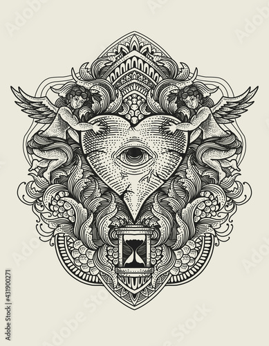 Fotografie illustration vector heart eyes with engraving ornament