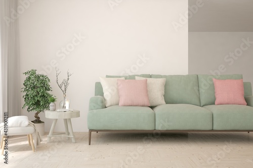 White living room with sofa. Scandinavian interior design. 3D illustration