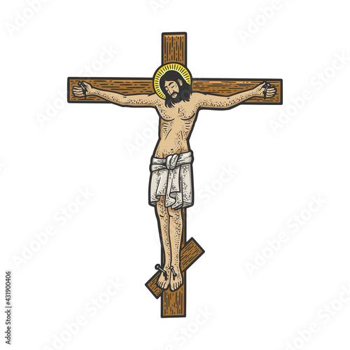 jesus christ crucifixion on cross religious symbol of christianity color sketch engraving vector illustration. T-shirt apparel print design. Scratch board imitation. Black and white hand drawn image.