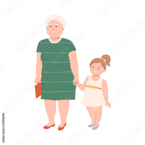 Senior Woman Character with Corpulent Body Holding Kid by the Hand in Standing Pose Full Length Vector Illustration