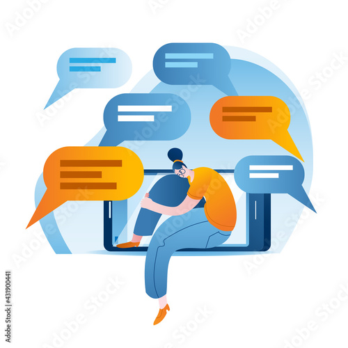 A sad girl sits on her phone amid negative comments. The concept of a vector illustration on the topic of buling in social networks.