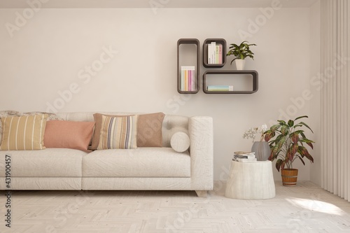 White living room with sofa. Scandinavian interior design. 3D illustration