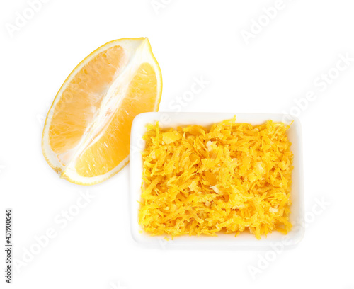 Lemon zest and fresh fruit on white background, top view