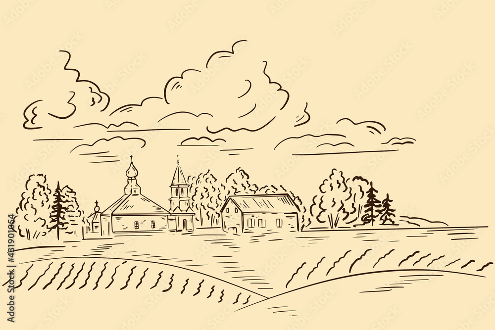 Sketch of village with church in distance. Church in the background of the field