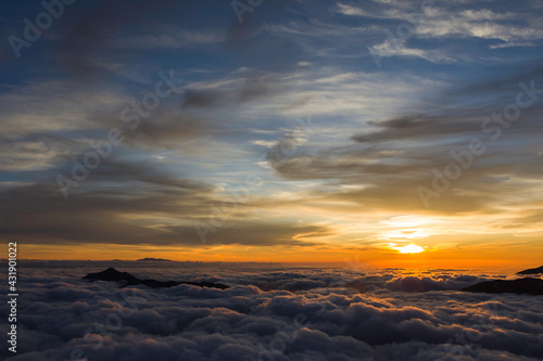 槍ヶ岳から見る夕日と雲海