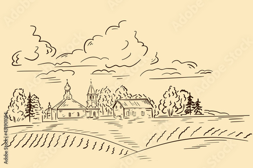 Sketch of village with church in distance. Church in the background of the field