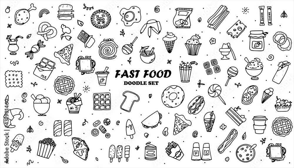 Doodle food set of 50 various fast-food products. Hand-drawn sweets, desserts, snacks, popcorn, American food and English breakfast. A big set of cartoon food illustrations.