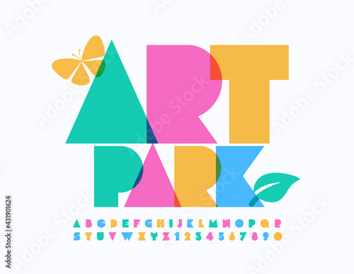Vector creative emblem Art Park. Abstract style Font. Colorful set of Alphabet Letters and Numbers