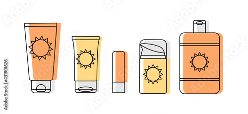 SPF Sunscreen bottles outline colored icon set. SPF protective sunscreen cosmetic: lotion, cream tube, stick, lip balm. For manuals, instructions, packaging design. Simple black outline icon vector.