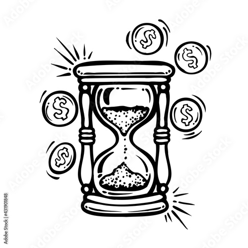time is money, hourglass and coins vector hand drawn outline illustration