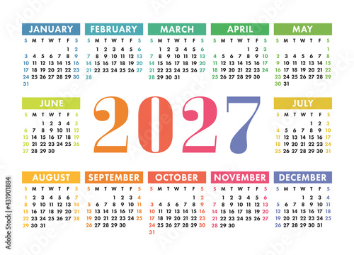 Calendar 2027 year. English colorful vector horizontal wall or pocket calender template. Design. New year. Week starts on Sunday