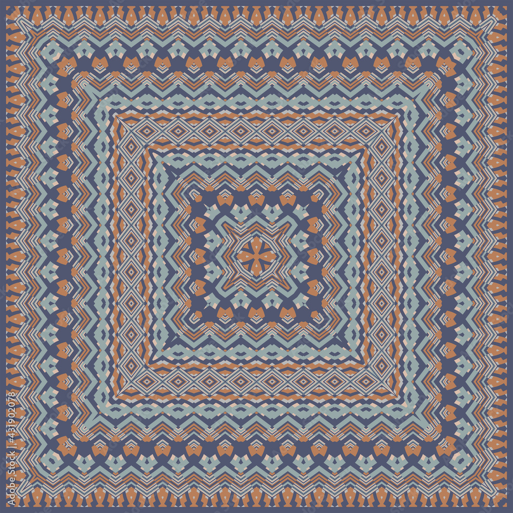 Square ornament in gray blue orange for scarves or pillows, for printing on fabric or paper. Frame. Ribbons. Square ornament in gray blue orange for scarves or pillows, for printing on fabric or paper. Frame. Ribbons.