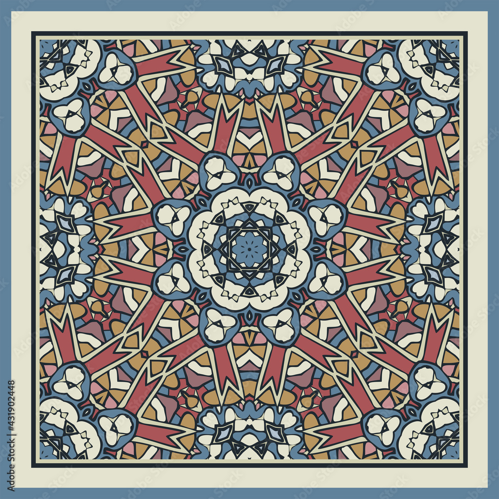 Creative trendy color abstract geometric mandala pattern in gold red blue white, vector seamless, can be used for printing onto fabric, interior, design, textile