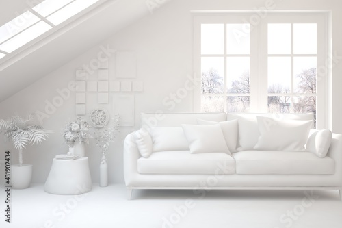 White minimalist living room with sofa. Scandinavian interior design. 3D illustration