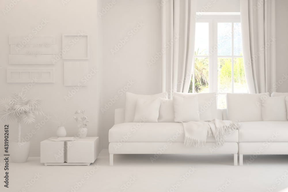 Fototapeta premium White minimalist living room with sofa. Scandinavian interior design. 3D illustration