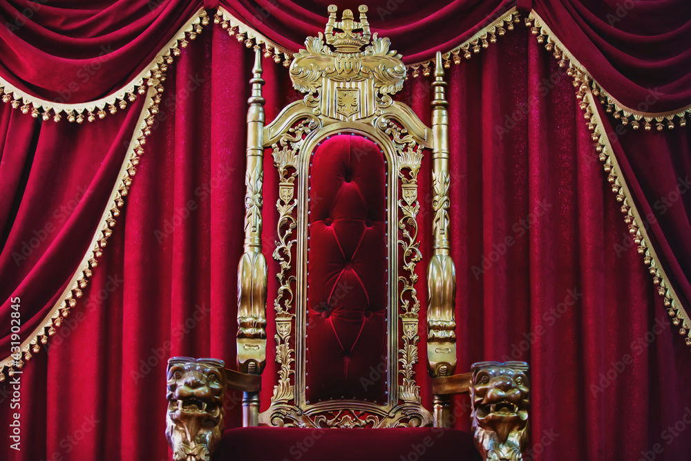 Part of the red royal chair against the background of red curtains. A place  for a king. Throne Stock Photo | Adobe Stock