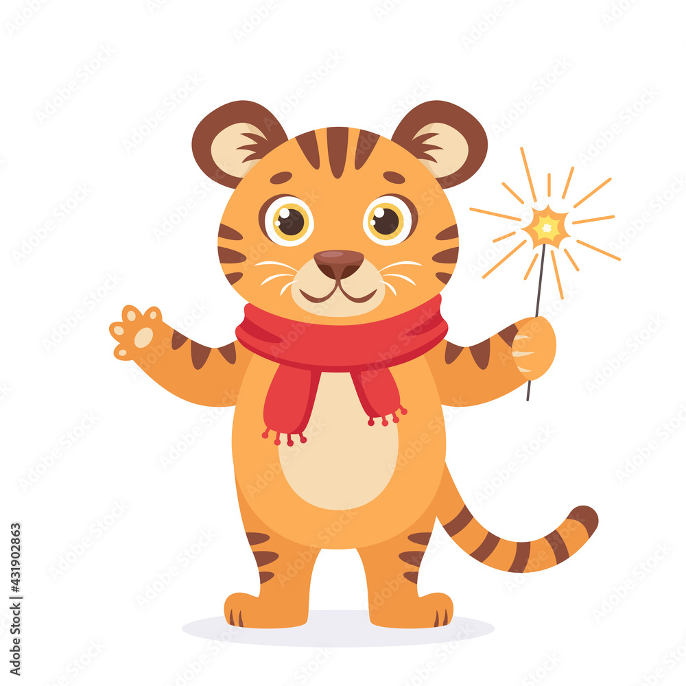Obraz premium Cute tiger in a scarf with sparkler wishes a Merry Christmas and Happy New Year 2022. Year of the Tiger. Vector illustration