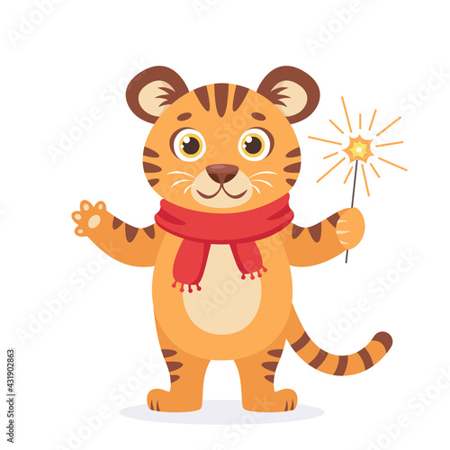 Cute tiger in a scarf with sparkler wishes a Merry Christmas and Happy New Year 2022. Year of the Tiger. Vector illustration