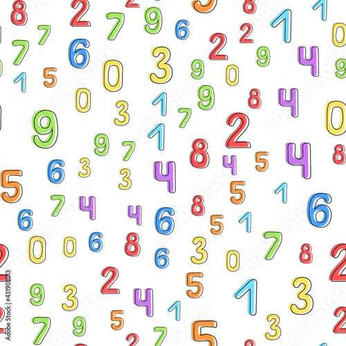 Seamless pattern of multicolored numbers on a white background. It can be used for children's wallpaper, wrapping paper, fabric, covers, templates. Flat vector illustration.